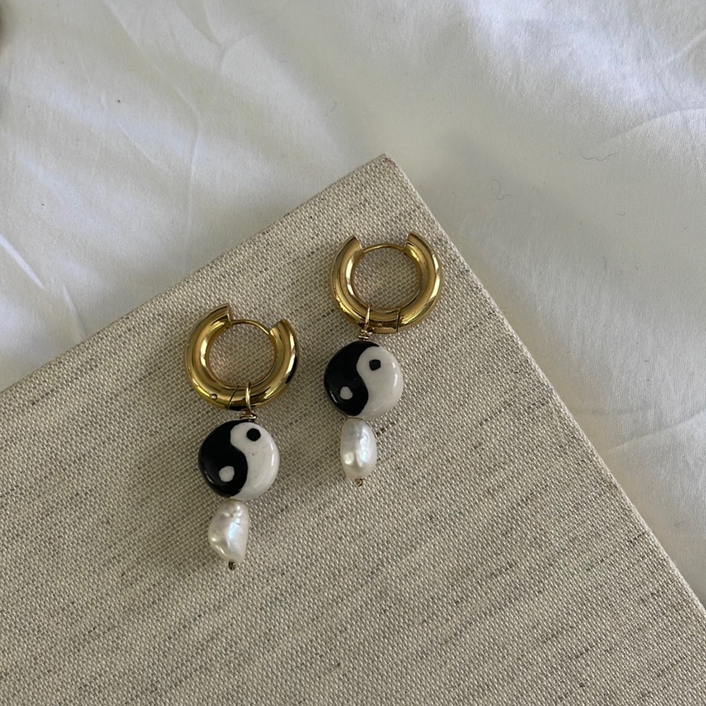 Gold plated Yin Yang Hoop Charm Earrings